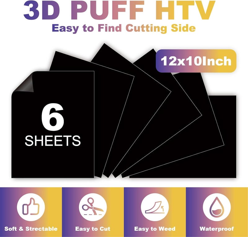 HTVJOYDO 6Pcs Puff Vinyl Heat Transfer, 12x10Inch Black 3D Puff HTV, DIY Iron-on Vinyl for T-Shirts, Easy to Cut and Weed, Compatible with Cricut or Cameo (6 Black Puff) - Image 3